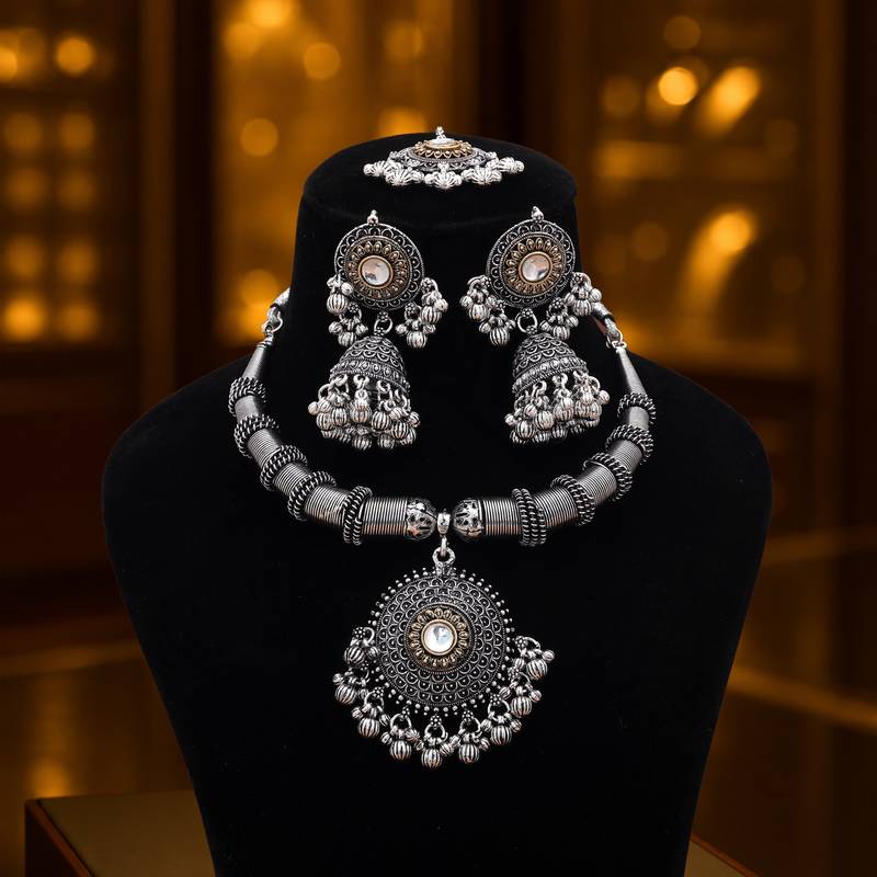 Chic two tone color dual tone oxidised necklace set for contemporary fusion outfits
