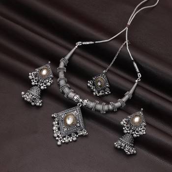 Stylish two tone color dual tone oxidised necklace set for cultural partywear 1