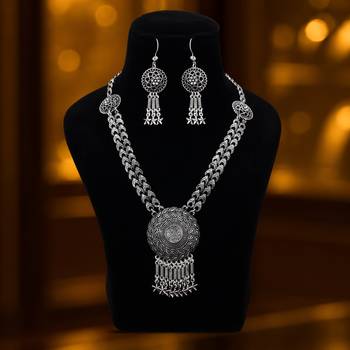 Classic antique silver color oxidised necklace set designed for contemporary ethnic wear 2