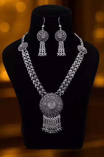 Classic antique silver color oxidised necklace set designed for contemporary ethnic wear