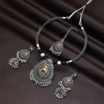 Unique multi color peacock feather oxidised hasli necklace set for festival fashion 1