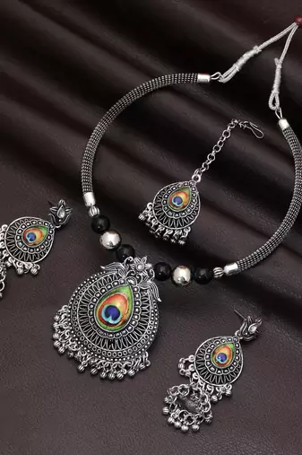 Unique multi color peacock feather oxidised hasli necklace set for festival fashion