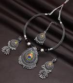 Unique multi color peacock feather oxidised hasli necklace set for festival fashion