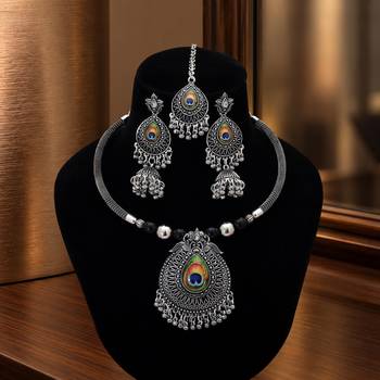 Unique multi color peacock feather oxidised hasli necklace set for festival fashion 2