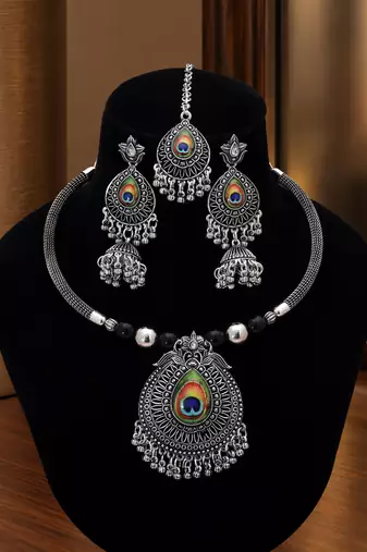 Unique multi color peacock feather oxidised hasli necklace set for festival fashion