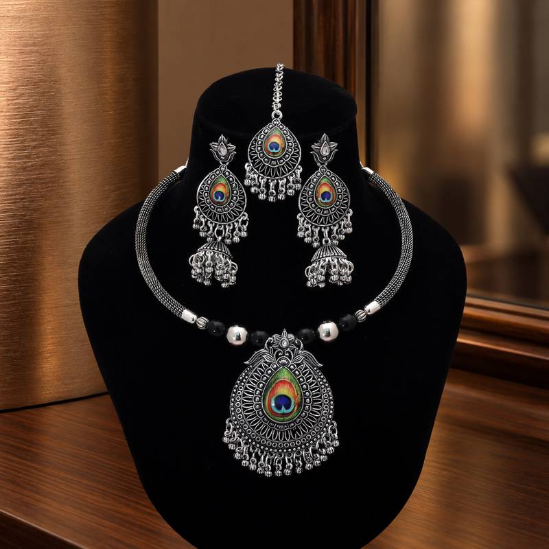 Unique multi color peacock feather oxidised hasli necklace set for festival fashion