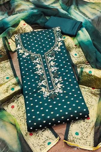 ethnic motifs woven design beads and stones cotton unstitched dress material