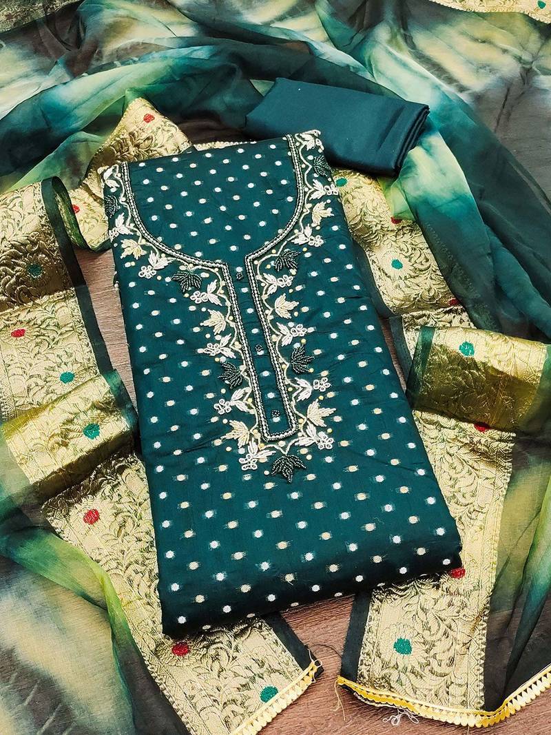 ethnic motifs woven design beads and stones cotton unstitched dress material