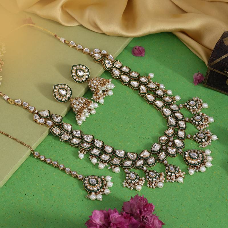 Pristine pearl white color kundan necklace set crafted for traditional wedding wear