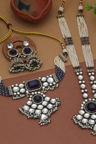 Royal blue color long and choker kundan necklace set for grand receptions