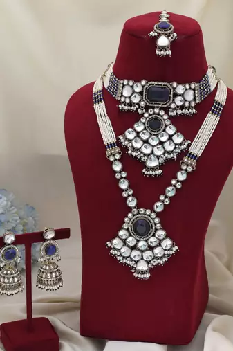 Royal blue color long and choker kundan necklace set for grand receptions