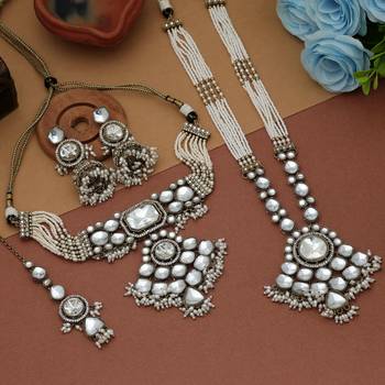 Classic ivory white color long and choker kundan necklace set for weddings 1