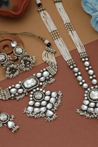 Classic ivory white color long and choker kundan necklace set for weddings