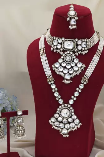Classic ivory white color long and choker kundan necklace set for weddings