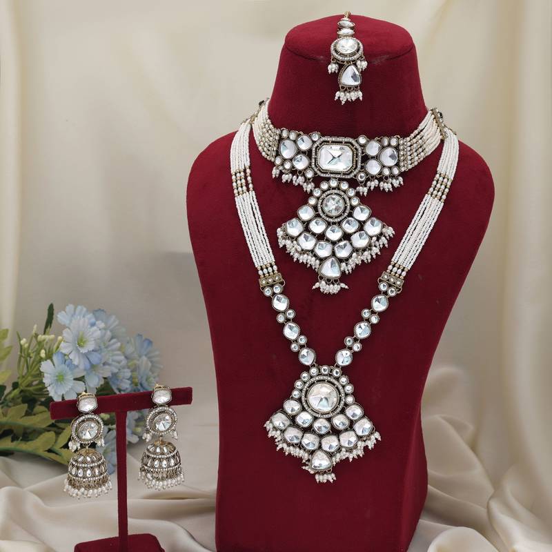 Classic ivory white color long and choker kundan necklace set for weddings