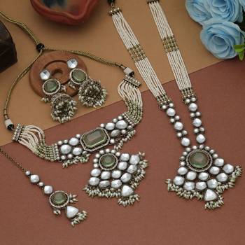 Refreshing pista green color long and choker kundan necklace set for functions 1