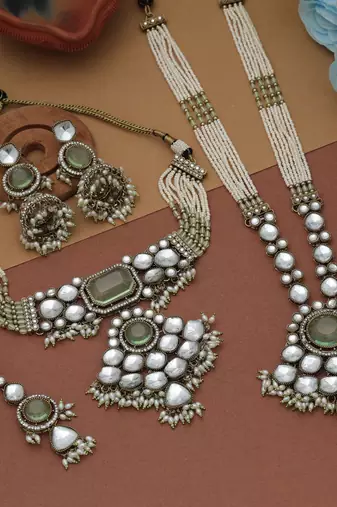 Refreshing pista green color long and choker kundan necklace set for functions