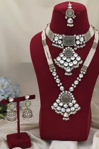 Refreshing pista green color long and choker kundan necklace set for functions
