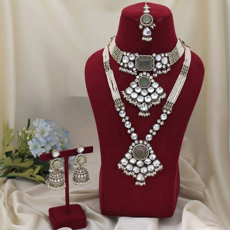 Refreshing pista green color long and choker kundan necklace set for functions