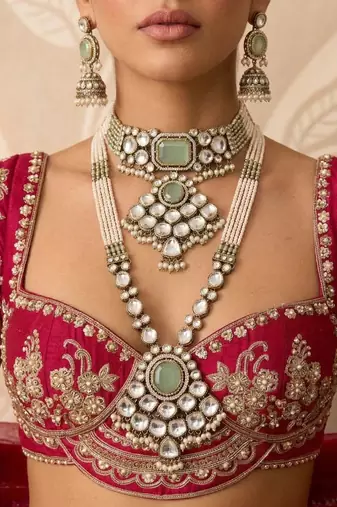 Refreshing pista green color long and choker kundan necklace set for functions
