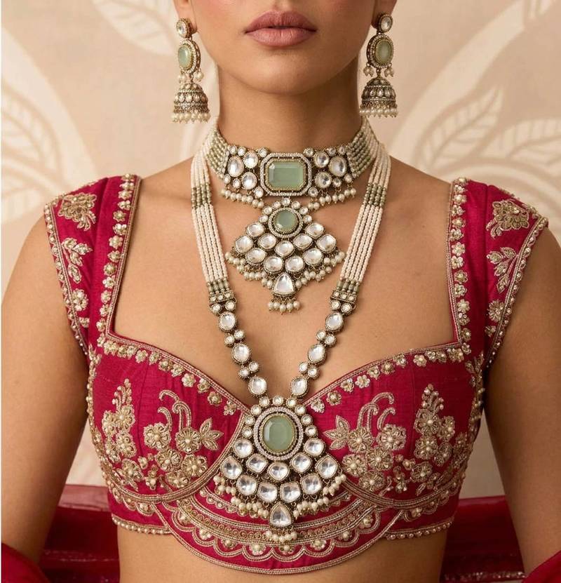 Refreshing pista green color long and choker kundan necklace set for functions