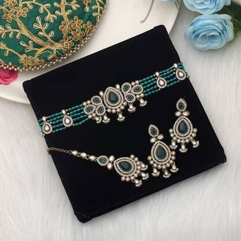 Teal rama green color choker kundan necklace set tailored for festive celebrations 1