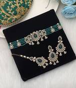 Teal rama green color choker kundan necklace set tailored for festive celebrations