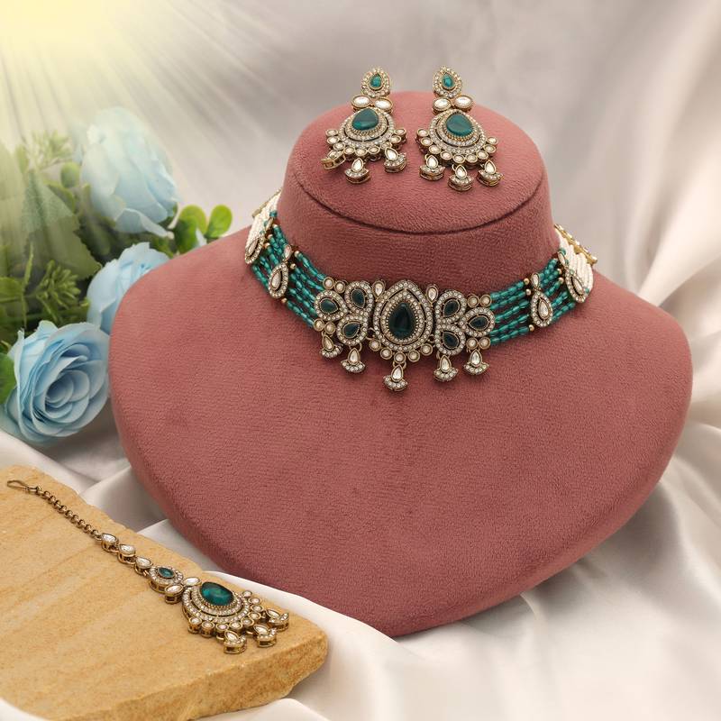Teal rama green color choker kundan necklace set tailored for festive celebrations