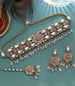 Delicate light green & light pink color turkish kundan necklace set for celebrations
