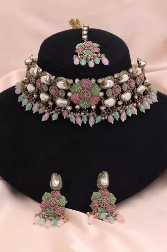 Delicate light green & light pink color turkish kundan necklace set for celebrations