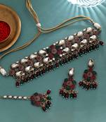 Traditional maroon & green color turkish kundan necklace set designed for festive wear