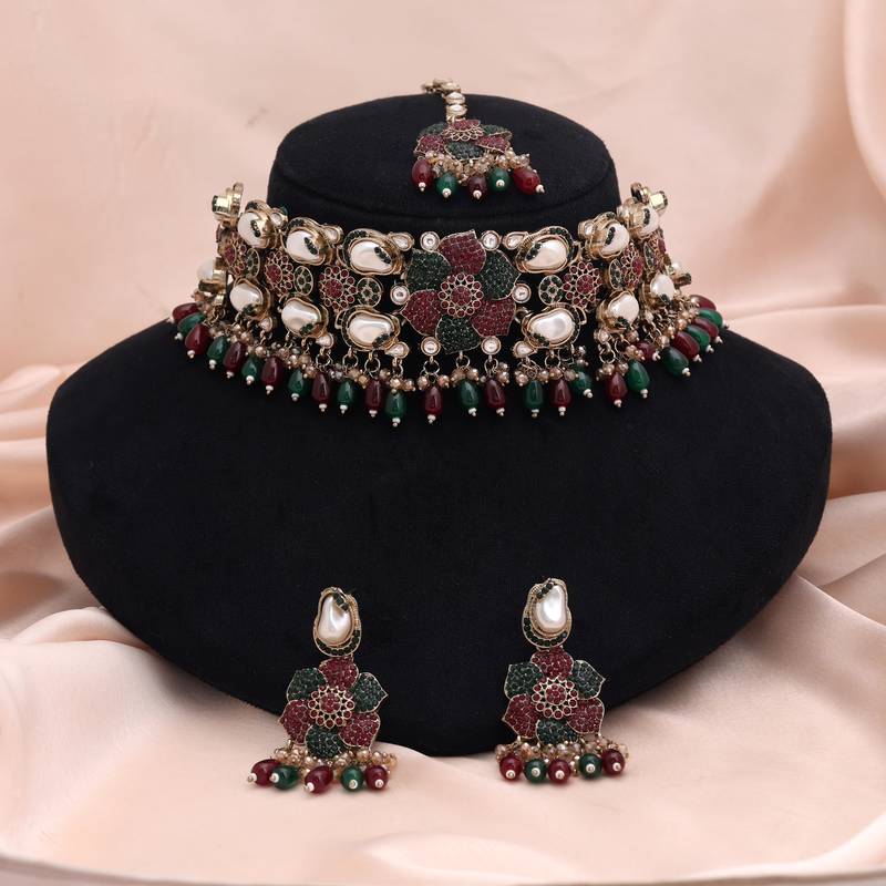 Traditional maroon & green color turkish kundan necklace set designed for festive wear