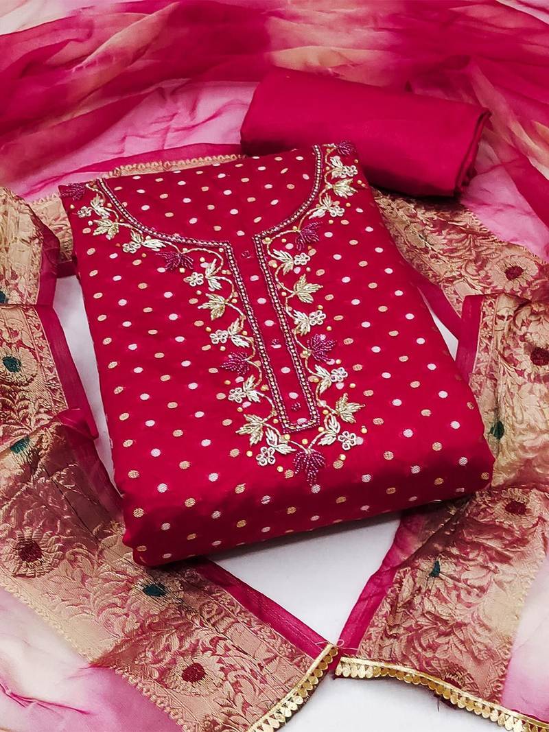 Polka Dots Woven Design Unstitched Dress Material