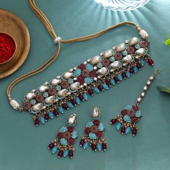 Teal rama green & maroon color turkish kundan necklace set for receptions 1