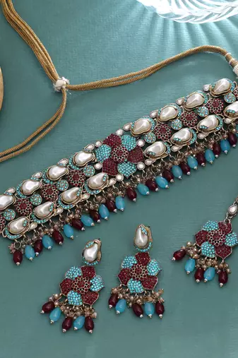 Teal rama green & maroon color turkish kundan necklace set for receptions