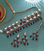 Teal rama green & maroon color turkish kundan necklace set for receptions
