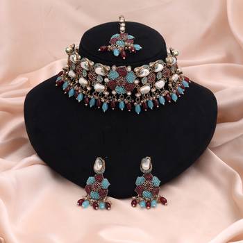 Teal rama green & maroon color turkish kundan necklace set for receptions 2