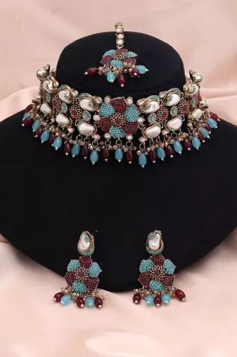 Teal rama green & maroon color turkish kundan necklace set for receptions