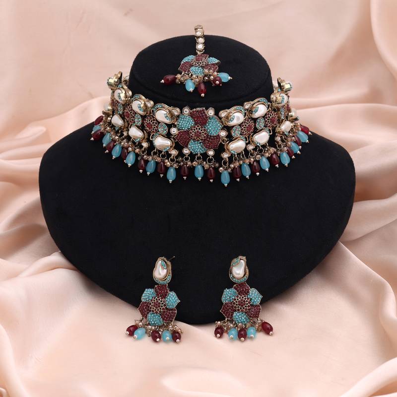 Teal rama green & maroon color turkish kundan necklace set for receptions