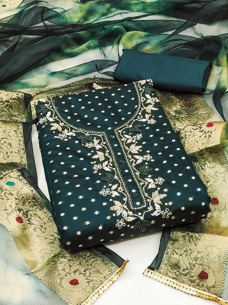 Polka Dots Woven Design Zari Unstitched Dress Material