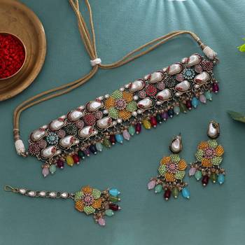 Vibrant festival multi color turkish kundan necklace set styled for sangeet parties 1
