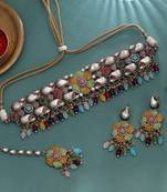 Vibrant festival multi color turkish kundan necklace set styled for sangeet parties