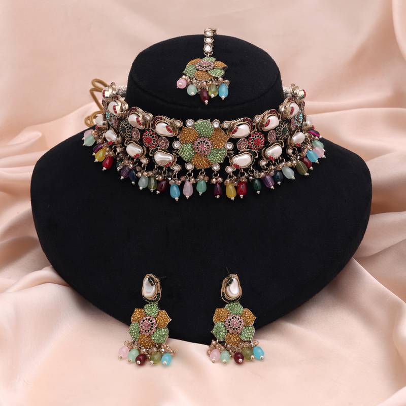 Vibrant festival multi color turkish kundan necklace set styled for sangeet parties