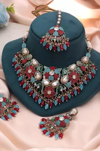Royal rama green & red color turkish kundan necklace set for brides