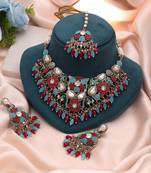 Royal rama green & red color turkish kundan necklace set for brides