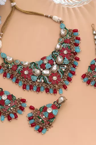 Royal rama green & red color turkish kundan necklace set for brides