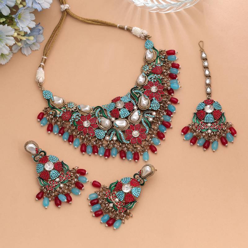 Royal rama green & red color turkish kundan necklace set for brides