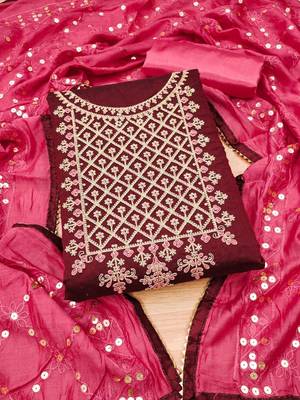 ethnic motifs embroidered chanderi silk unstitched dress material 1