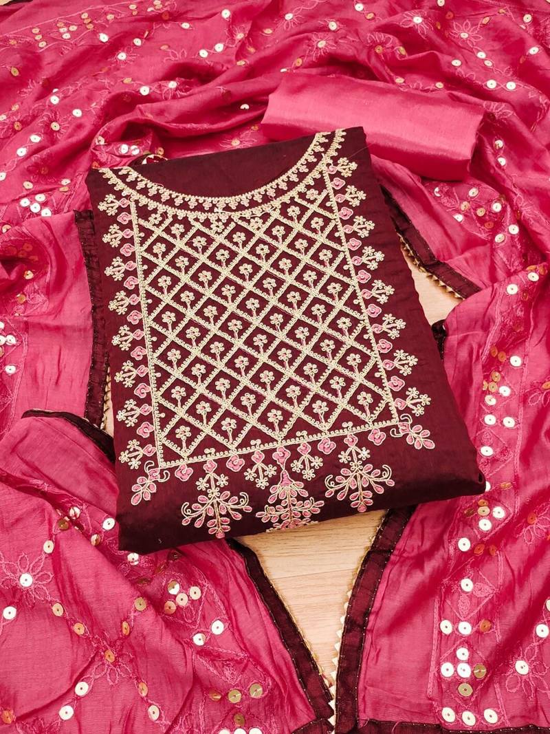 Ethnic Motifs Embroidered Chanderi Silk Unstitched Dress Material