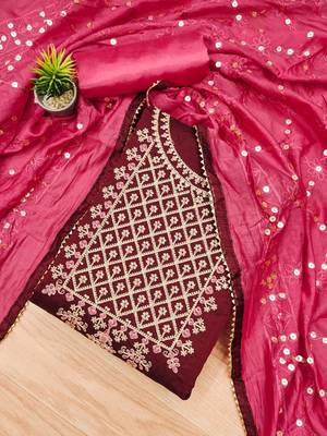 ethnic motifs embroidered chanderi silk unstitched dress material 2